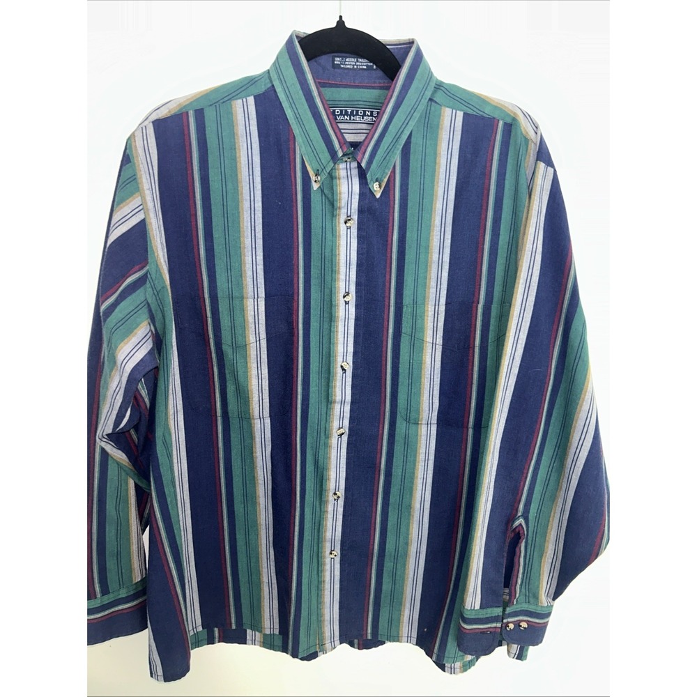 Van Heiden Men's L Blue Green Stripe Button Up Long Sleeve Shirt‎ Wrinkle Free